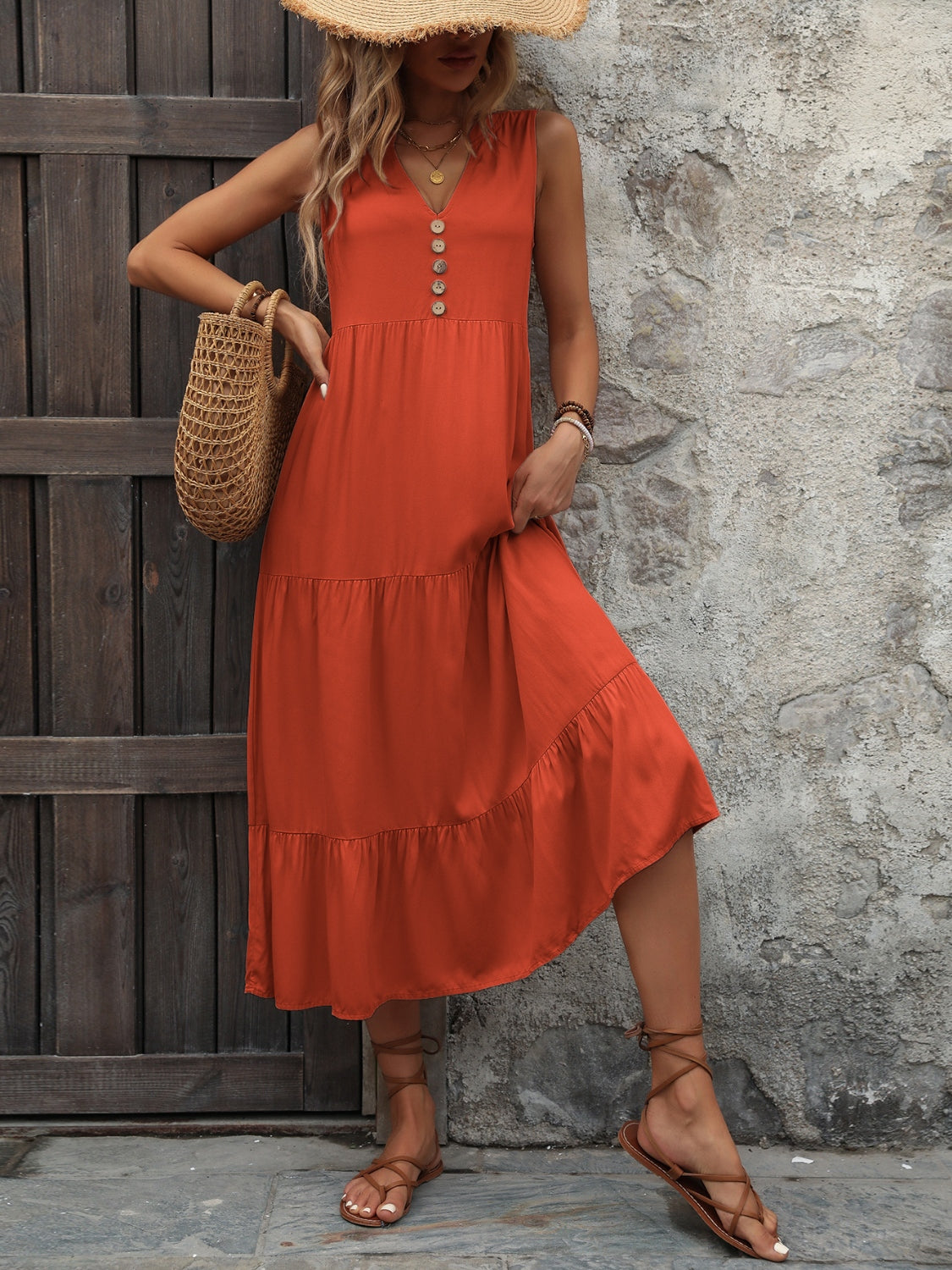 Decorative Button Notched Sleeveless Dress Orange-Red