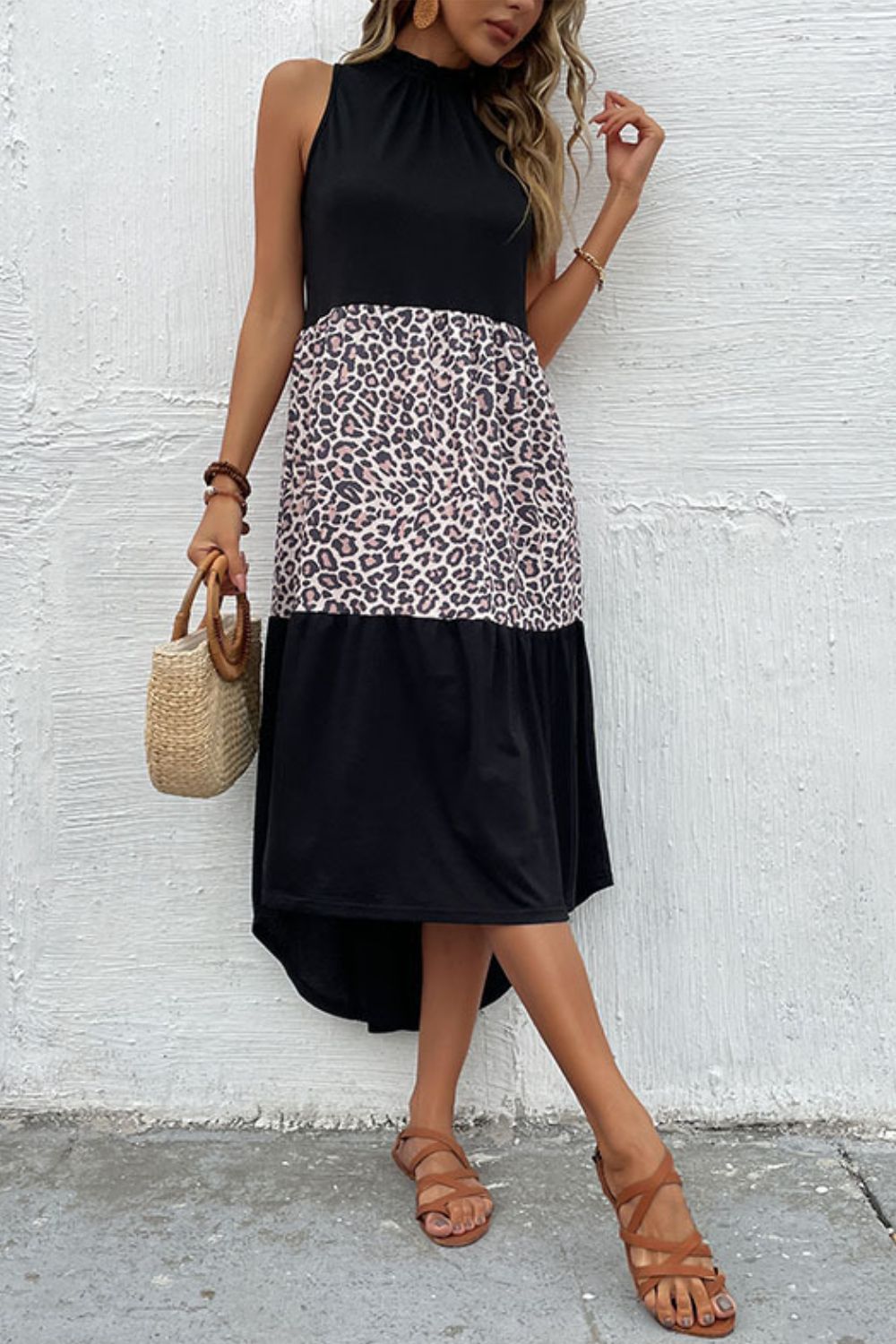 Leopard Contrast Sleeveless Maxi Dress Black Leopard