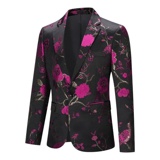 Mens One Button Notched Lapel Embroidered Blazer