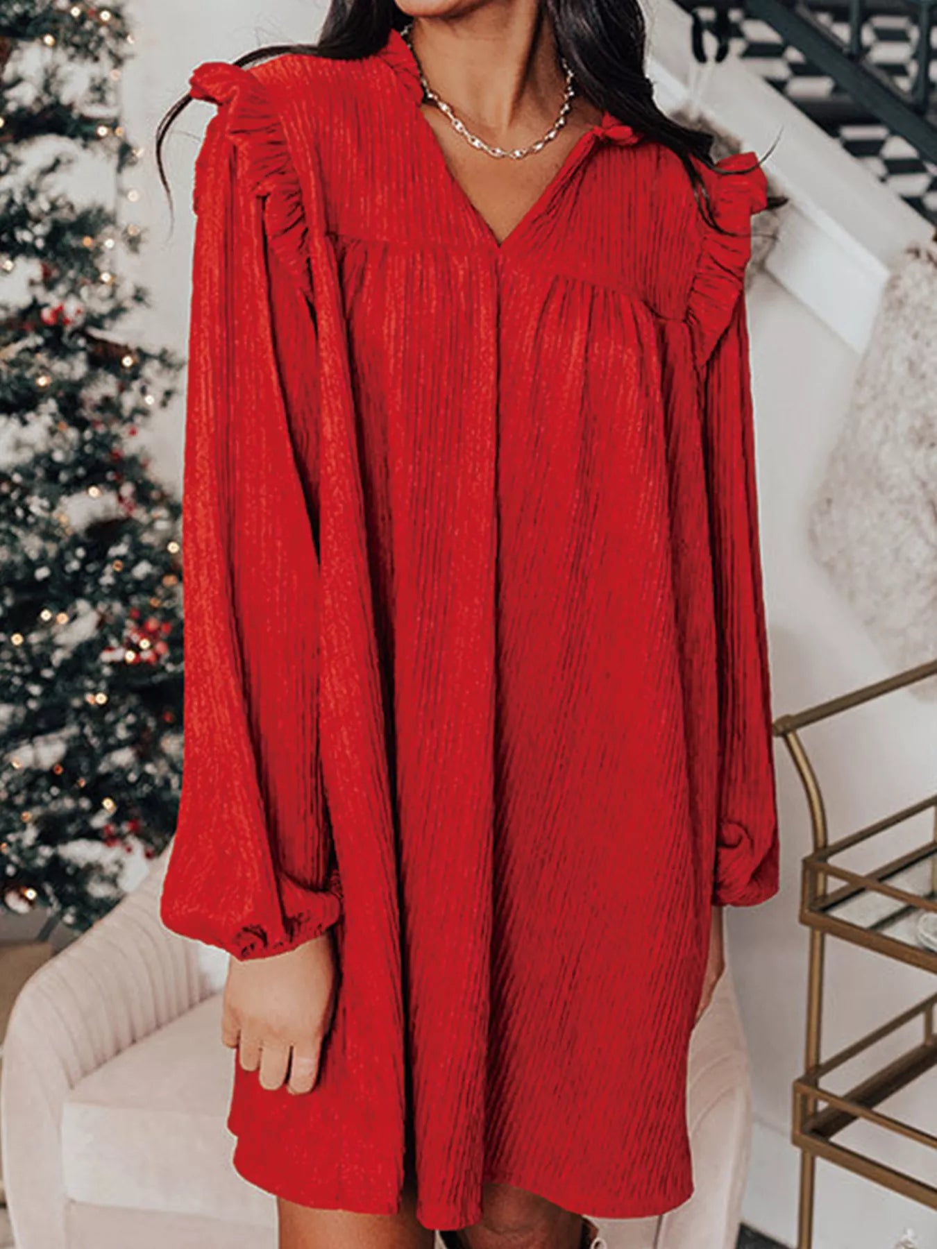 Textured Ruffled Trim Loose Fit Mini Dress Deep Red