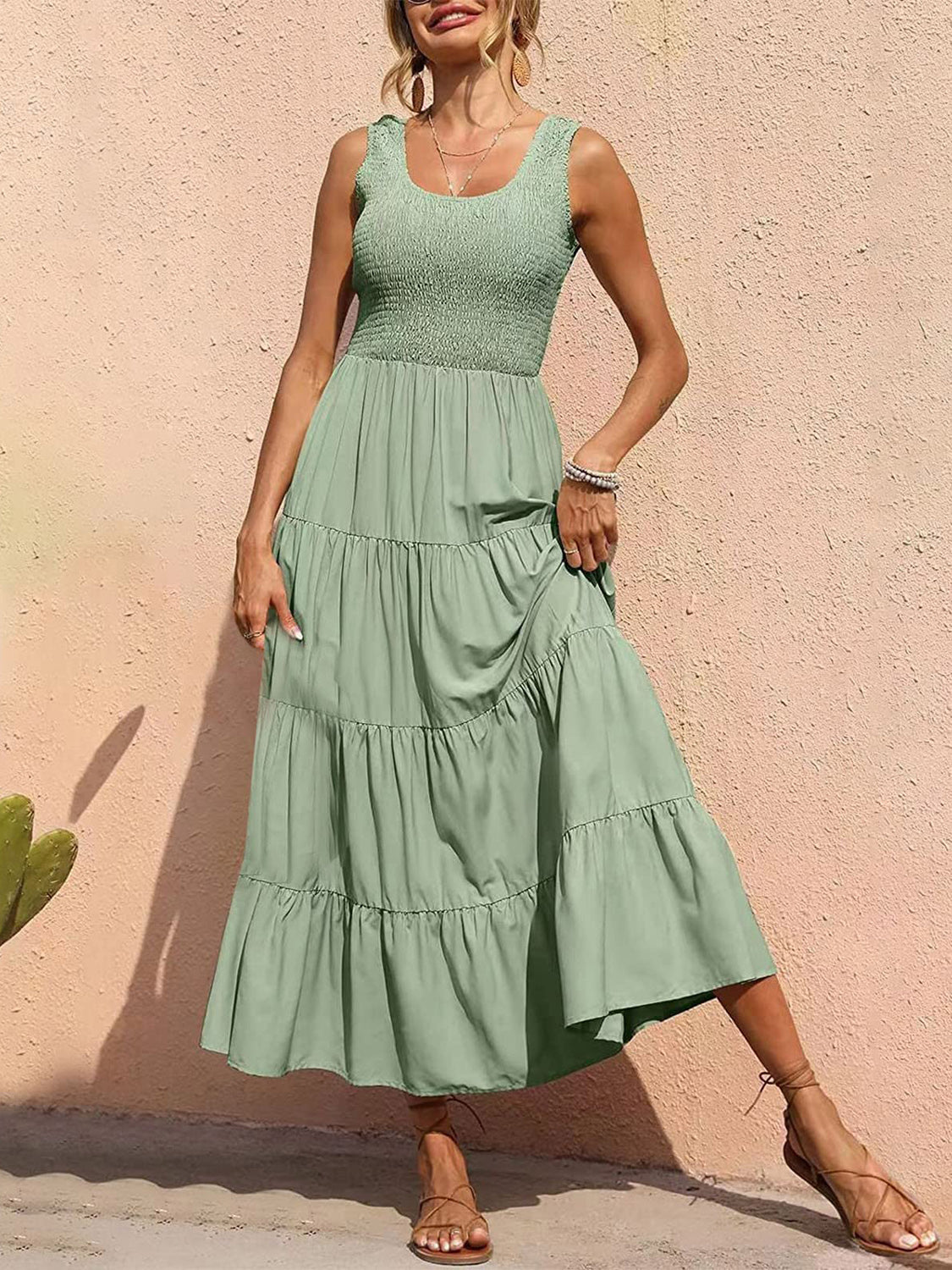 Tiered Smocked Wide Strap Dress Light Green
