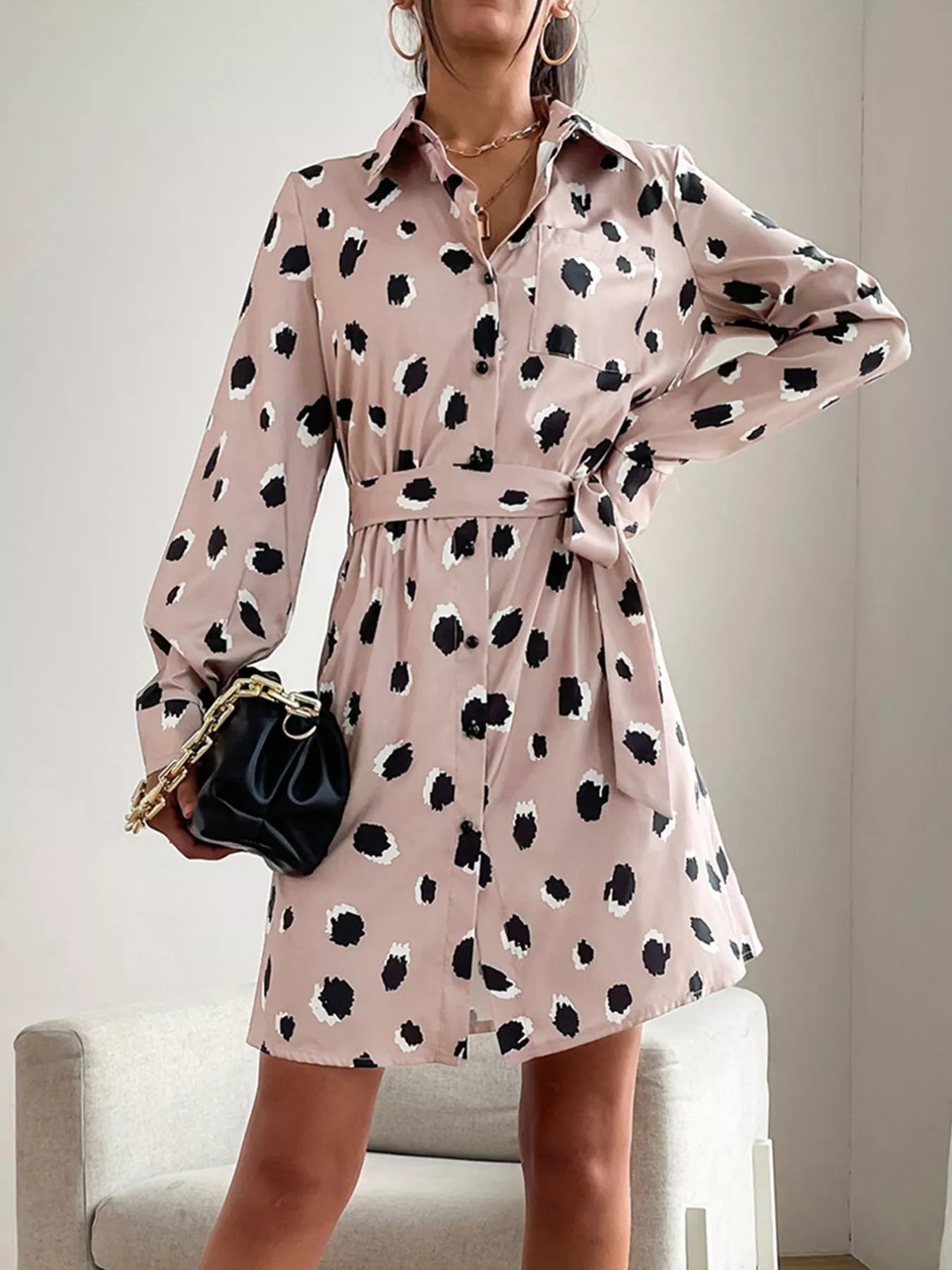 Printed Long Sleeve Mini Shirt Dress Pale Blush