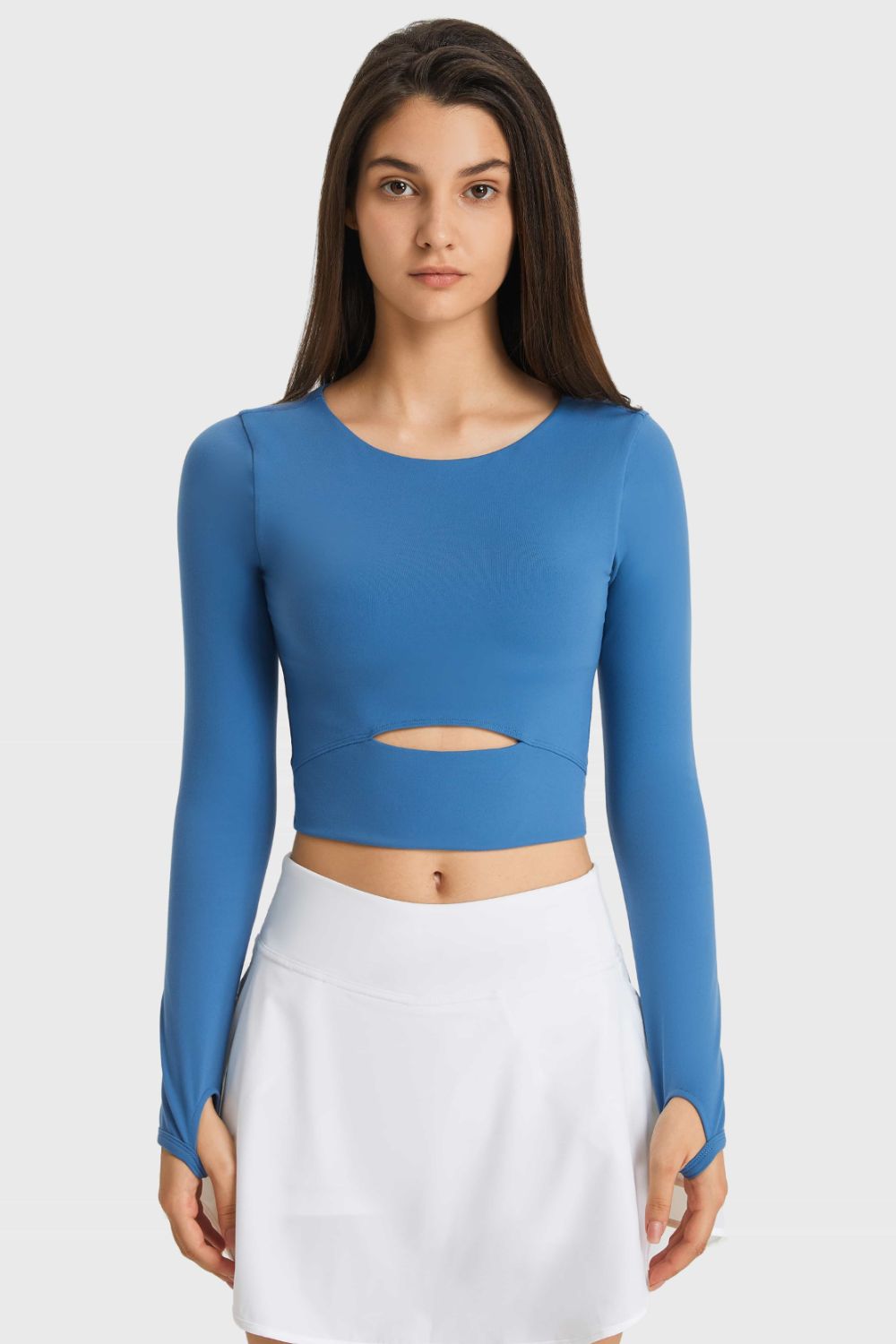 Cutout Long Sleeve Cropped Sports Top Blue