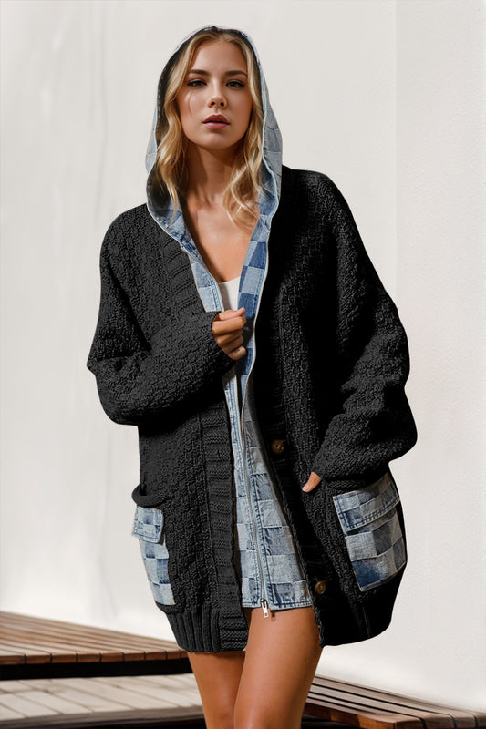 Image Double Take Full Size Hooded Denim Spliced Sweater Cardigan