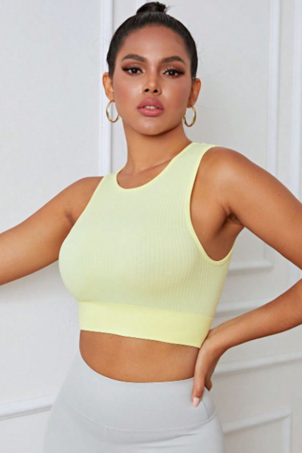 Round Neck Long Active Bra Light Yellow
