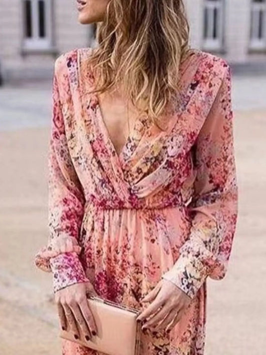 Full Size Floral Print Long Sleeve Maxi Dress Plus Size Pink