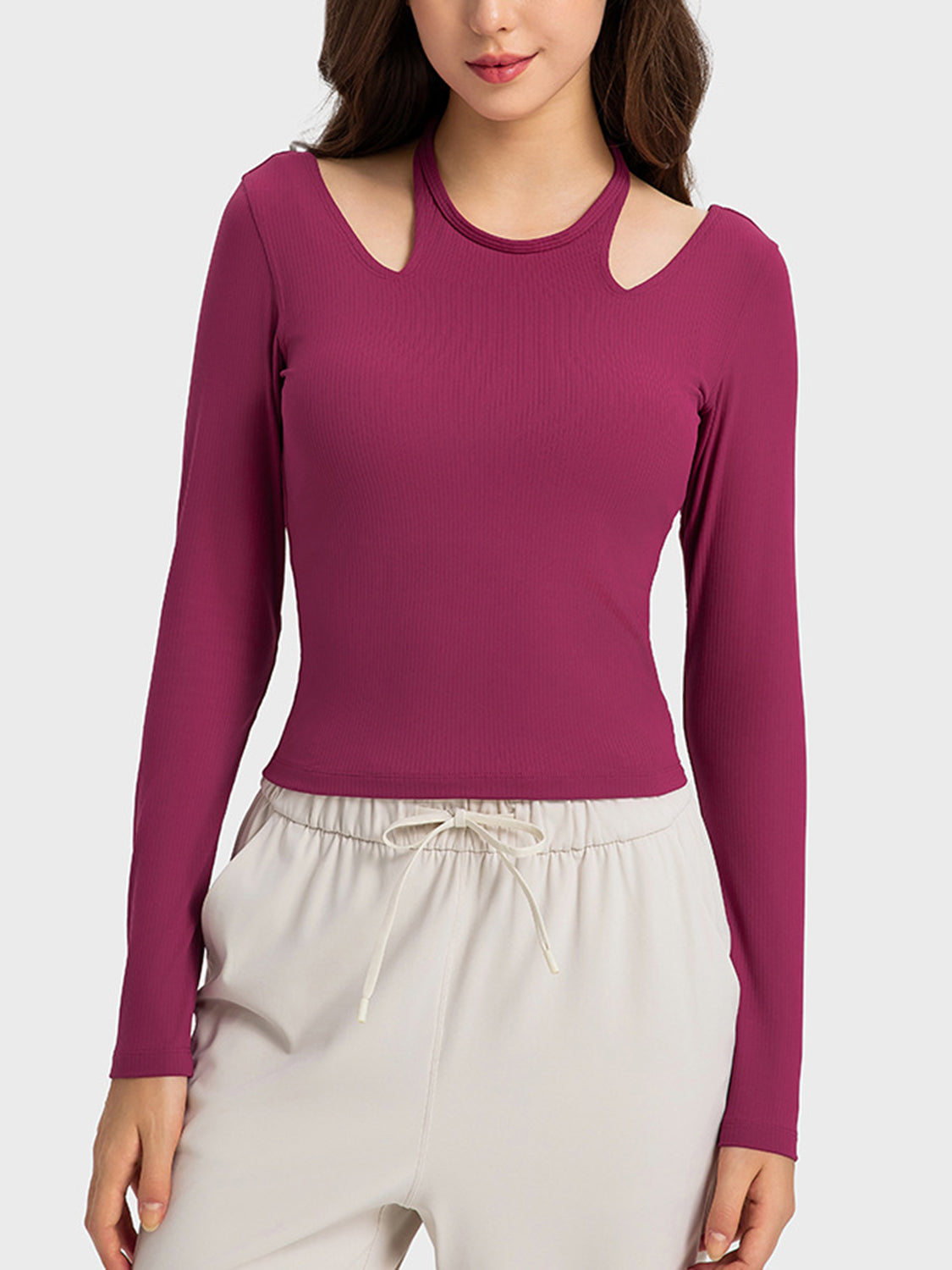 Halter Neck Long Sleeve Sporty Top Hot Pink