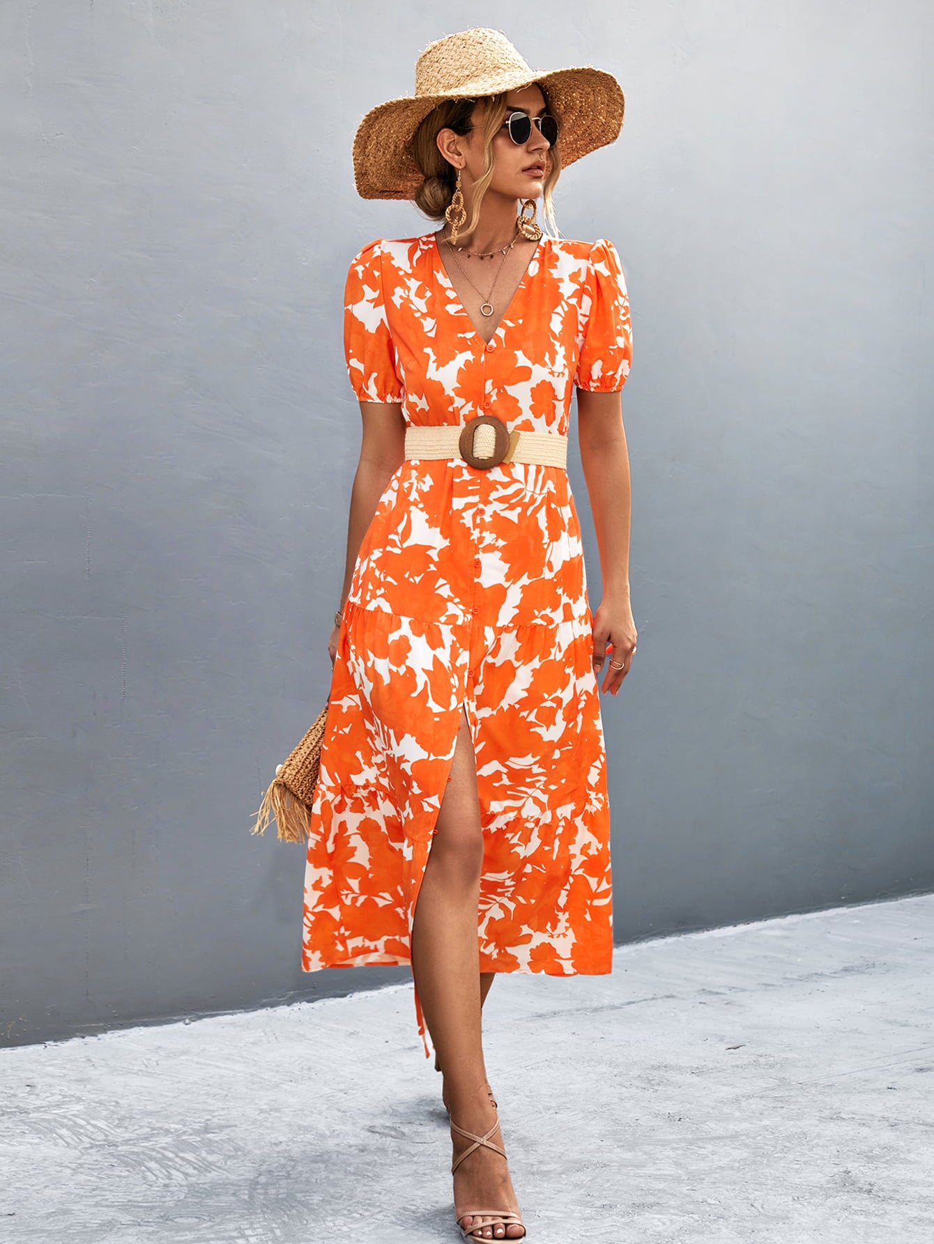V-Neck Short Sleeve High Slit Midi Dress Orange-Red