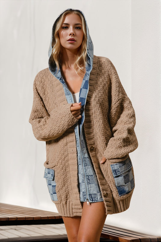 Image Double Take Full Size Hooded Denim Spliced Sweater Cardigan