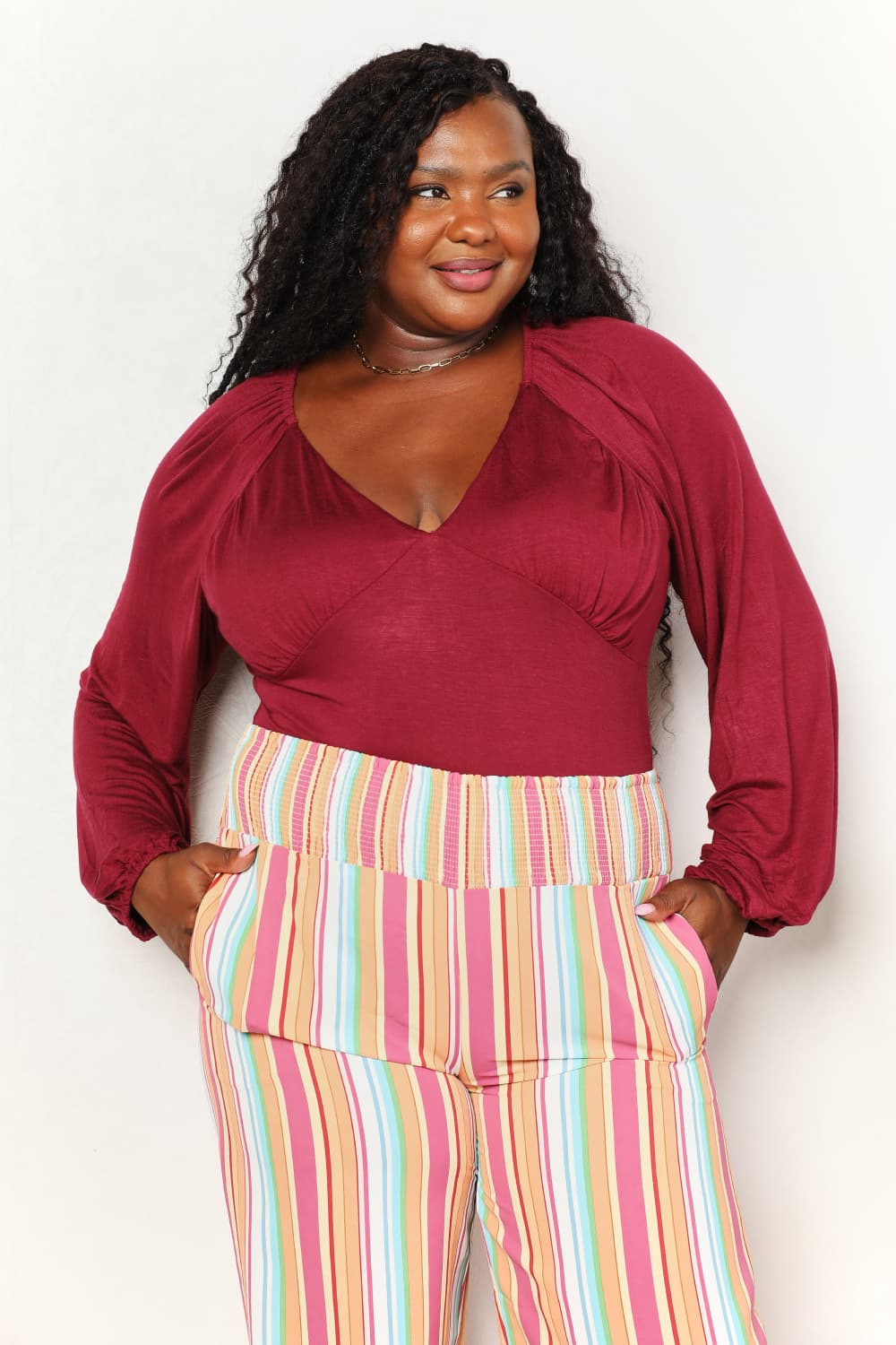 Culture Code Full Size V-Neck Bodysuit Burgundy