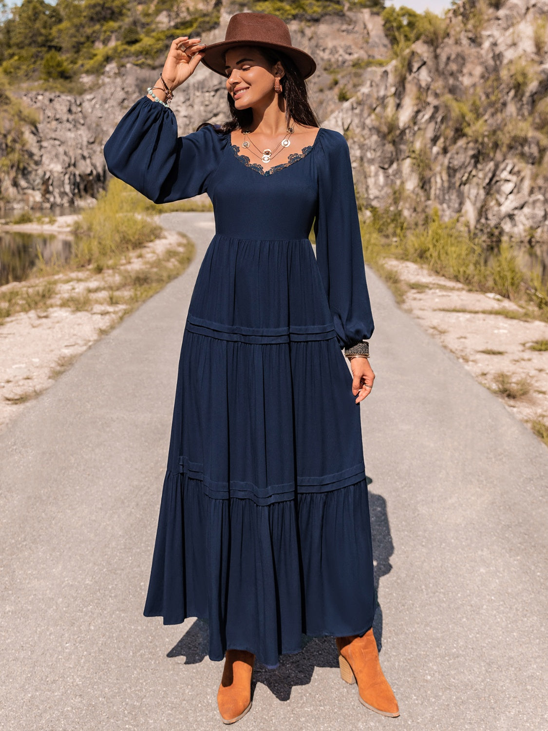 Long Sleeve Lace Trim Maxi Dress Bellesima Long Sleeve Lace Trim Maxi Dress Bellesima