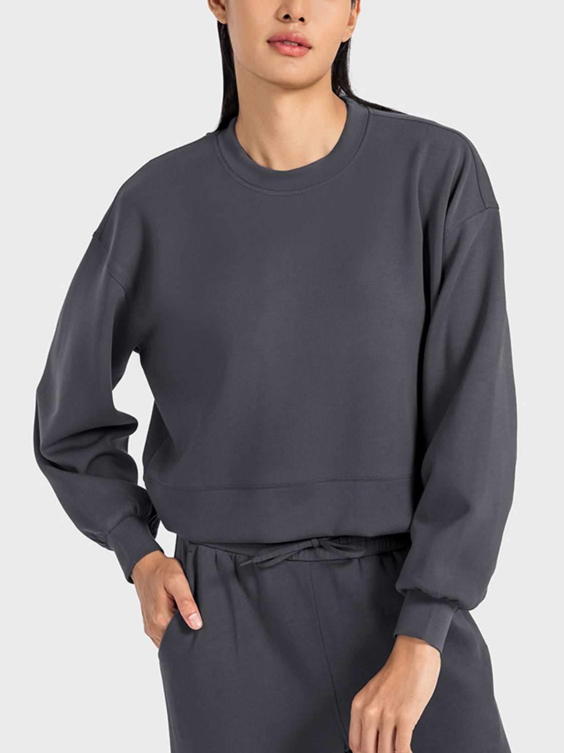 Round Neck Drop Shoulder Sports Top Black