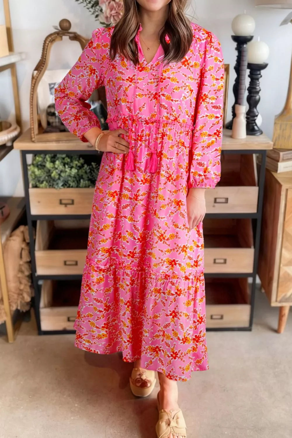 Floral Print Tie Neck Midi Dress Strawberry