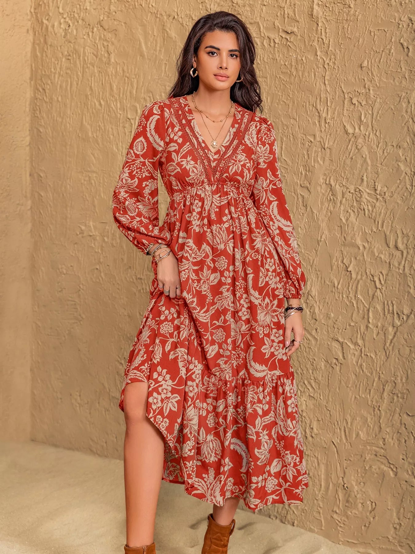 Boho Floral Print Long Sleeve Midi Dress Rust
