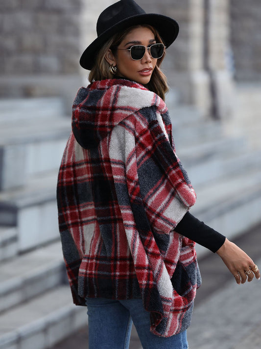 Image Plaid Hooded Coat with Pockets