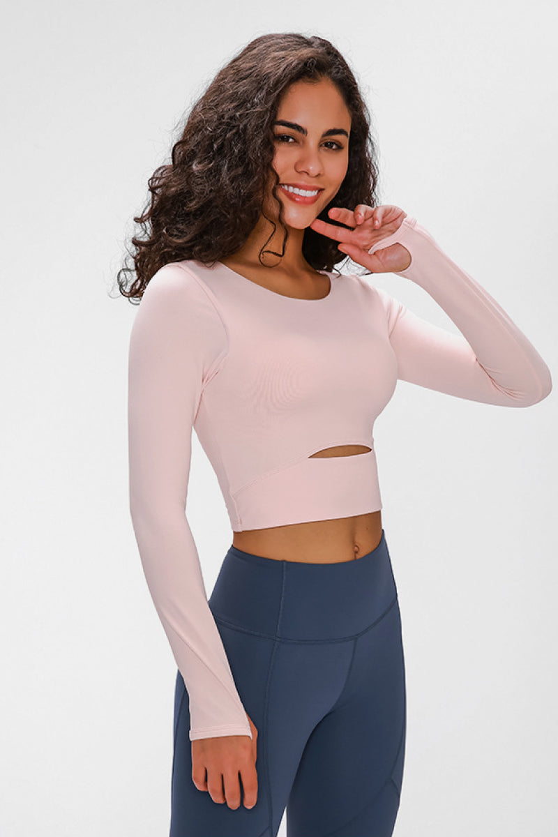 Long Sleeve Cropped Top With Sports Strap Pink
