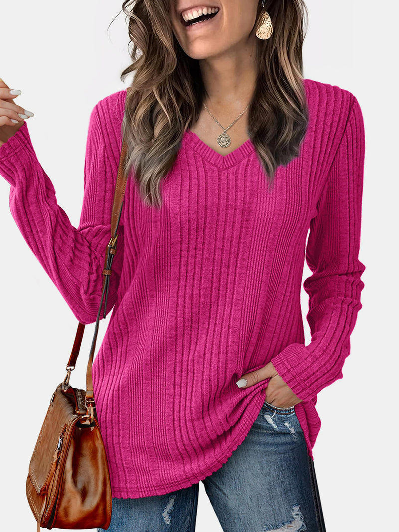 V-Neck Long Sleeve T-Shirt Hot Pink