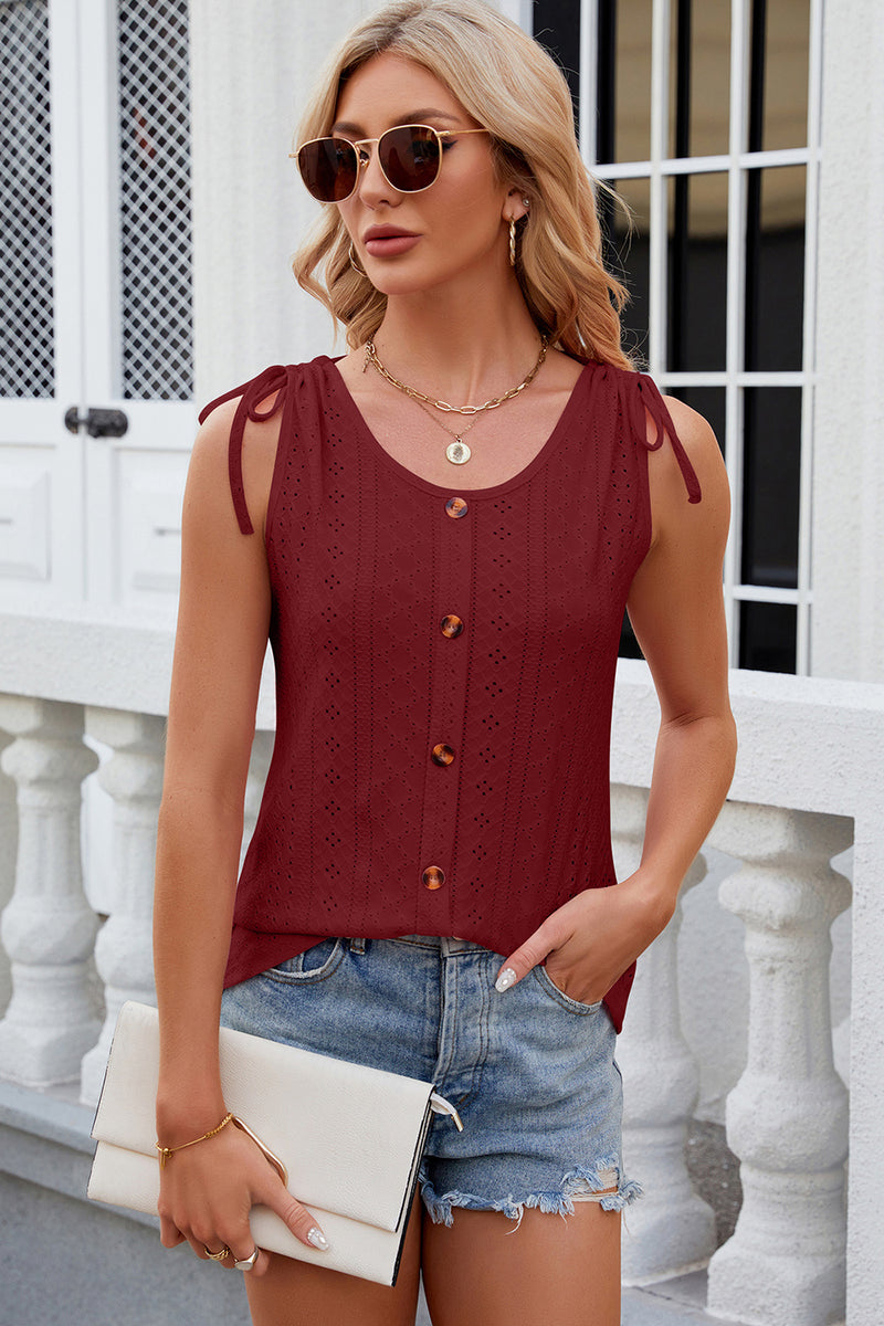 Eyelet Round Neck Wide Strap Tank Rust