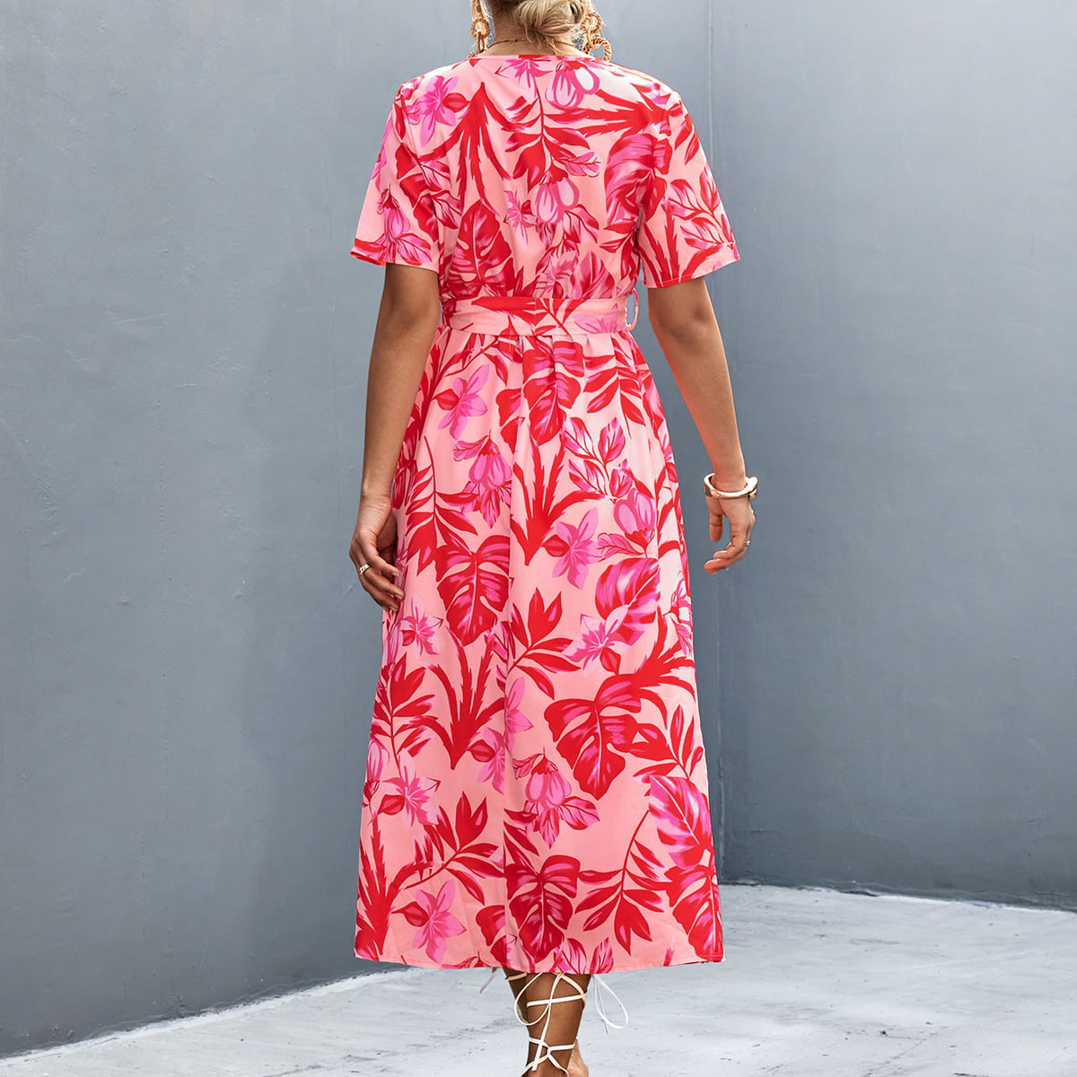 Floral Print High Slit Surplice Neck Tie Waist Midi Dress