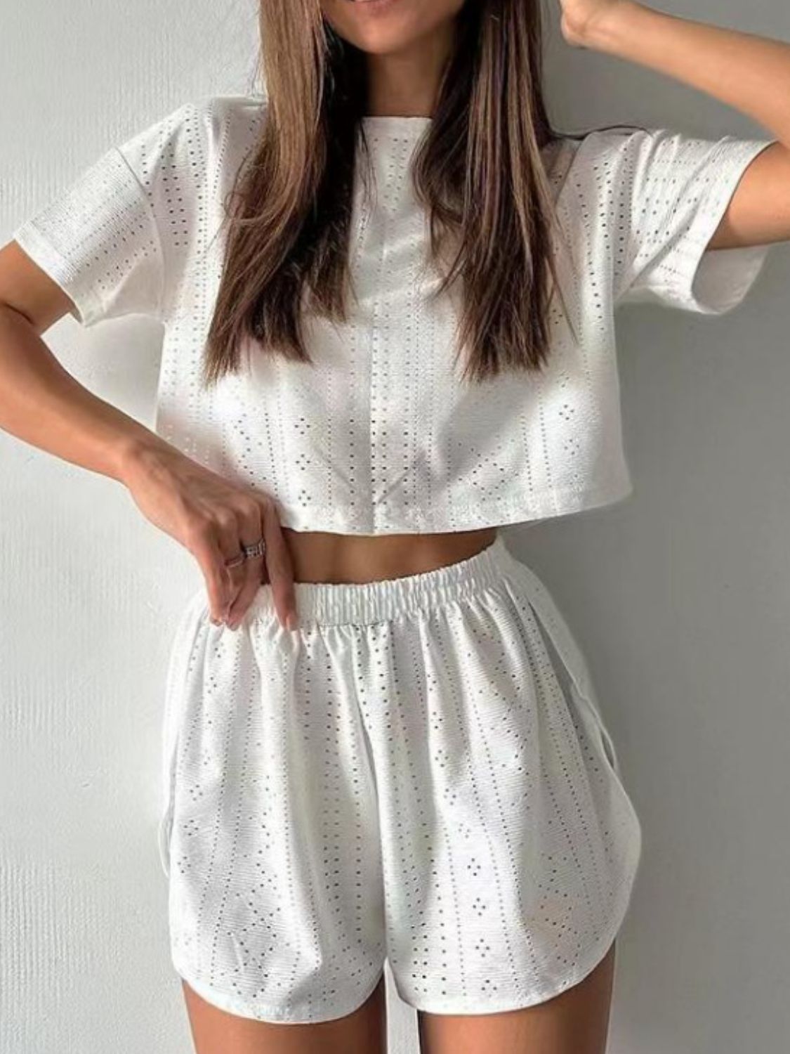 Eyelet Round Neck Top and Shorts Set