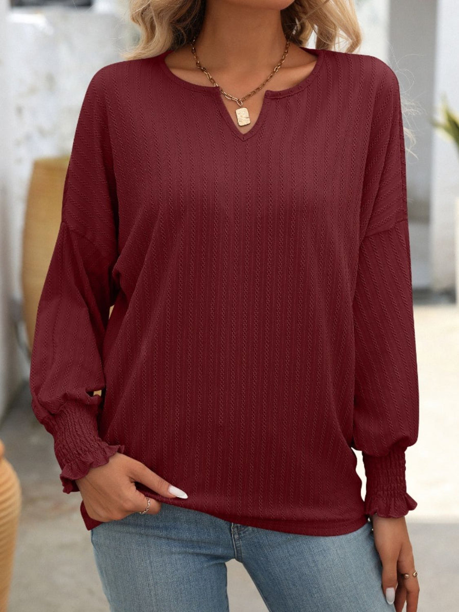 Mandy Textured Notched Lantern Sleeve T-Shirt Burgundy