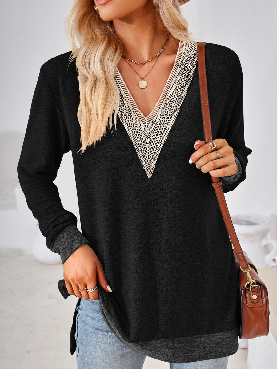 Crochet Contrast V-Neck Long Sleeve Slit T-Shirt Black