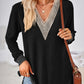 Crochet Contrast V-Neck Long Sleeve Slit T-Shirt