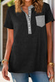 Full Size Half Button Short Sleeve T-Shirt Black