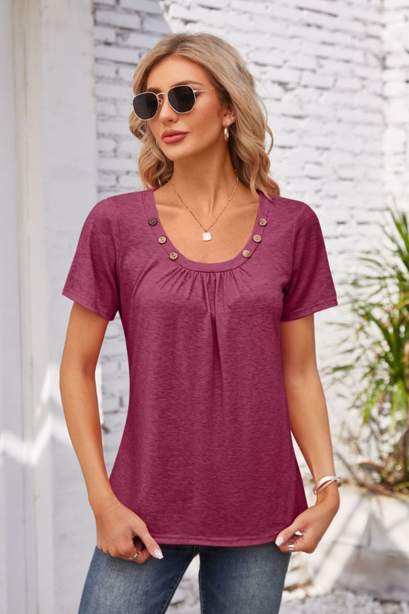 Decorative Button Scoop Neck T-Shirt Deep Purple