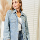 Collared Neck Raw Hem Dropped Shoulder Denim Jacket