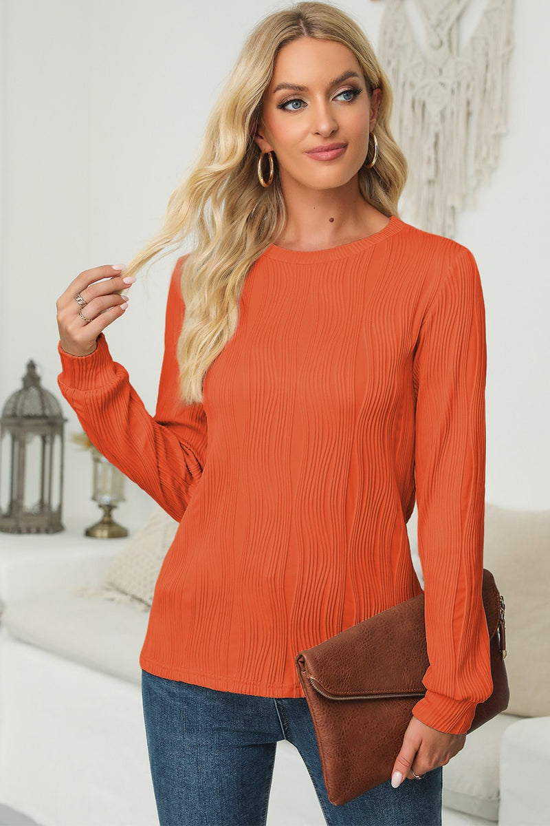 Textured Round Neck Long Sleeve Blouse Orange