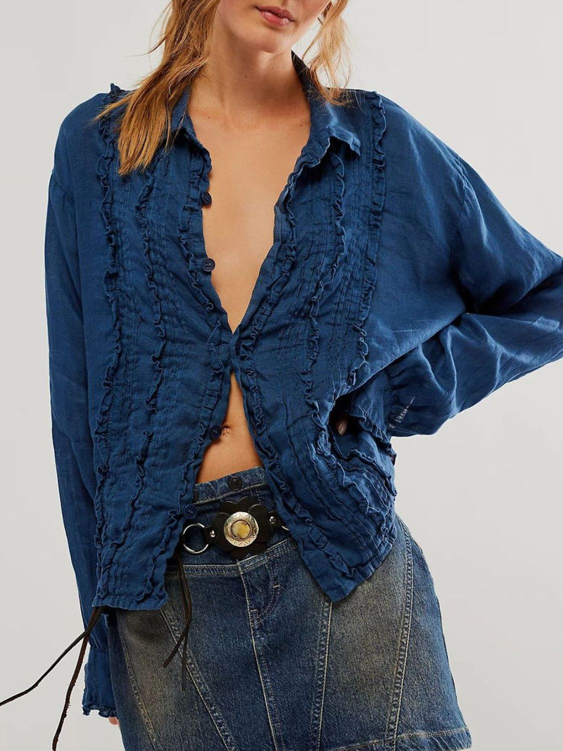 Frill Ruched Collared Neck Long Sleeve Shirt Dark Blue
