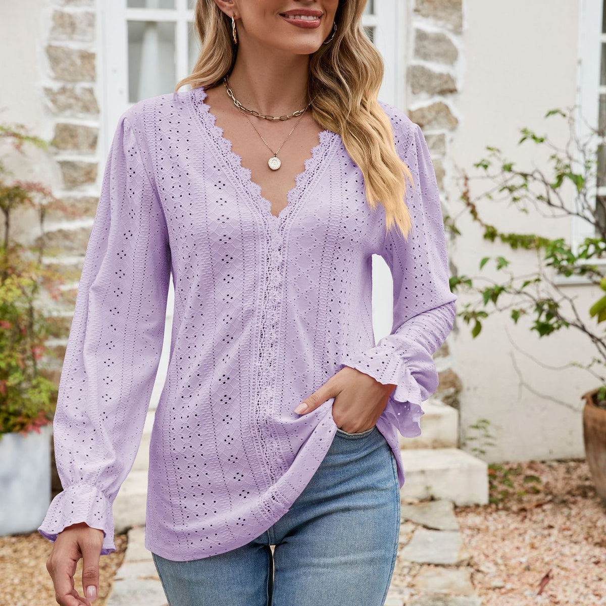 Eyelet Lace Trim Flounce Sleeve Blouse