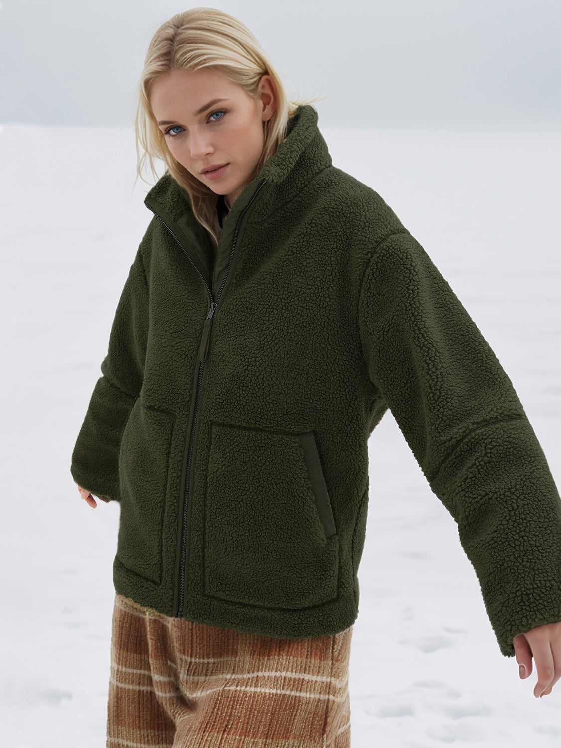 Turtleneck Zip Up Long Sleeve Plush Jacket Dark Green