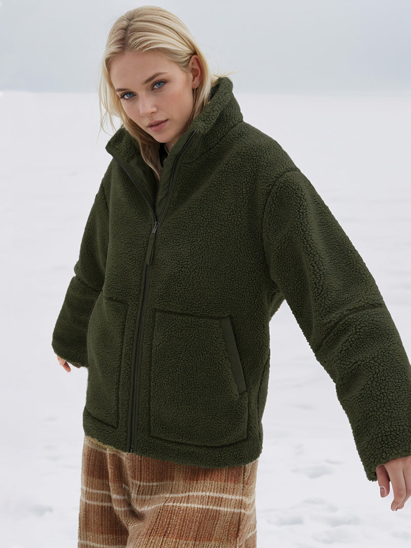 Turtleneck Zip Up Long Sleeve Plush Jacket Dark Green