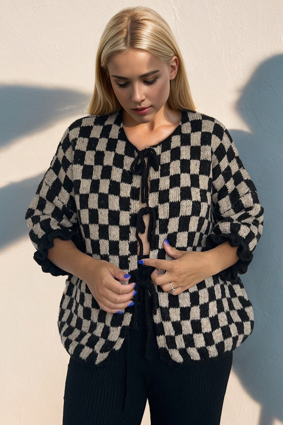 Double Take Tied Checkered Dropped Shoulder Flounce Sleeve Cardigan Black