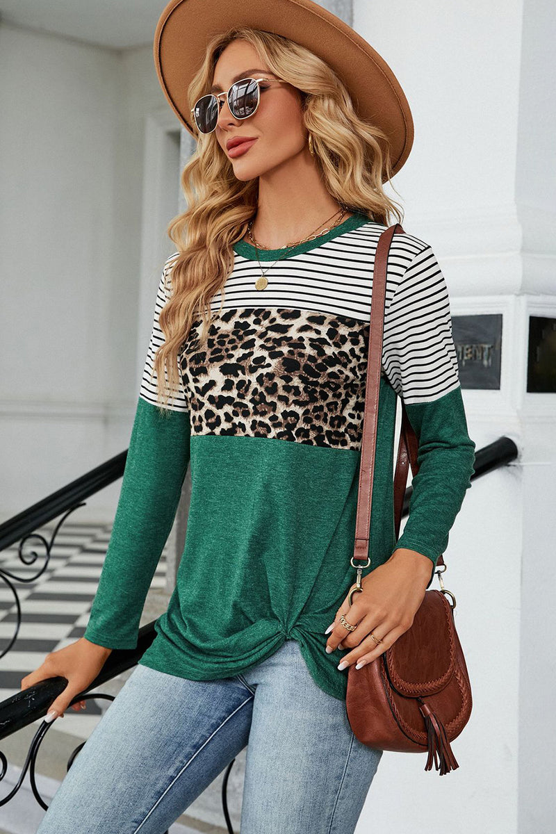 Leopard Striped Round Neck T-Shirt Dark Green