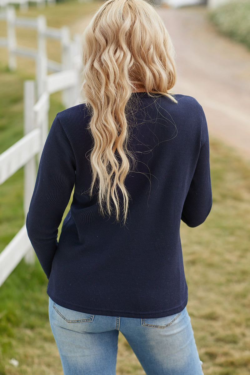 Embroidered Waffle-Knit Long Sleeve Henley Top