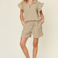 Double Take Full Size Texture Flounce Sleeve Top and Drawstring Shorts Set