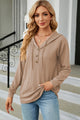 Drawstring Half Button Long Sleeve Hoodie Khaki