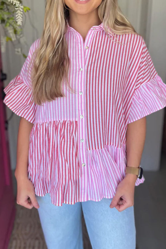 Button Down Striped Ruffled Hem Shirt Pink