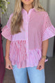 Button Down Striped Ruffled Hem Shirt Pink