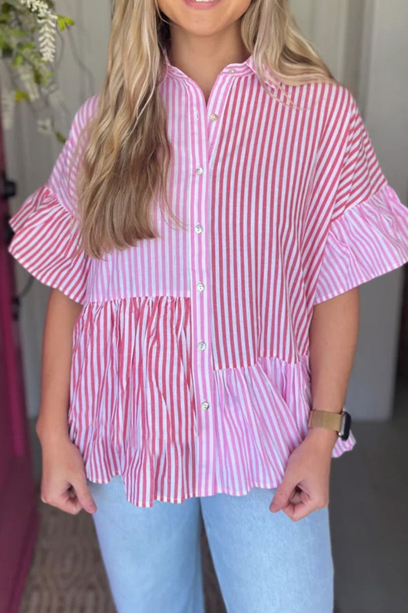 Button Down Striped Ruffled Hem Shirt Pink