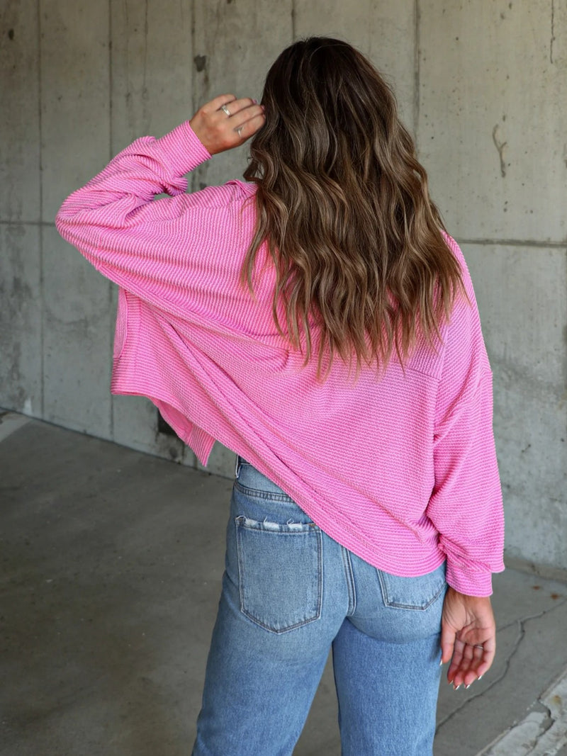 Ribbed Collared Neck Button Up Jacket