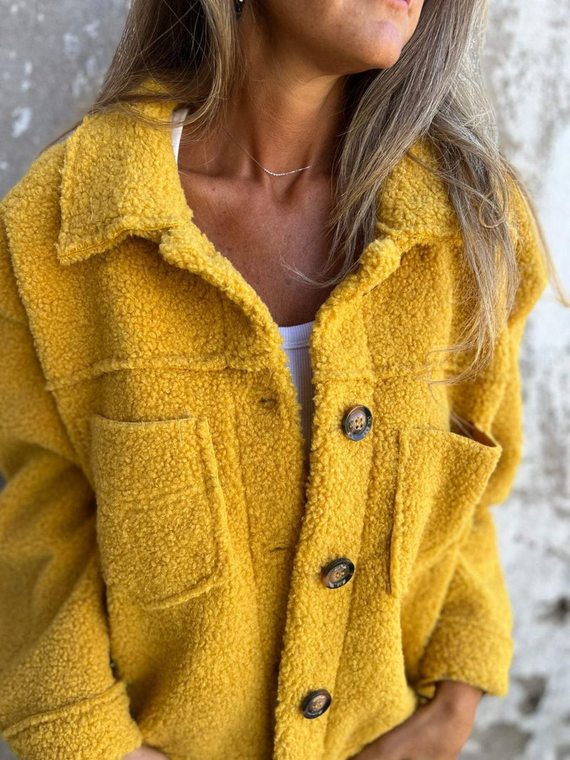 Full Size Fuzzy Button Up Drop Shoulder Jacket Mustard