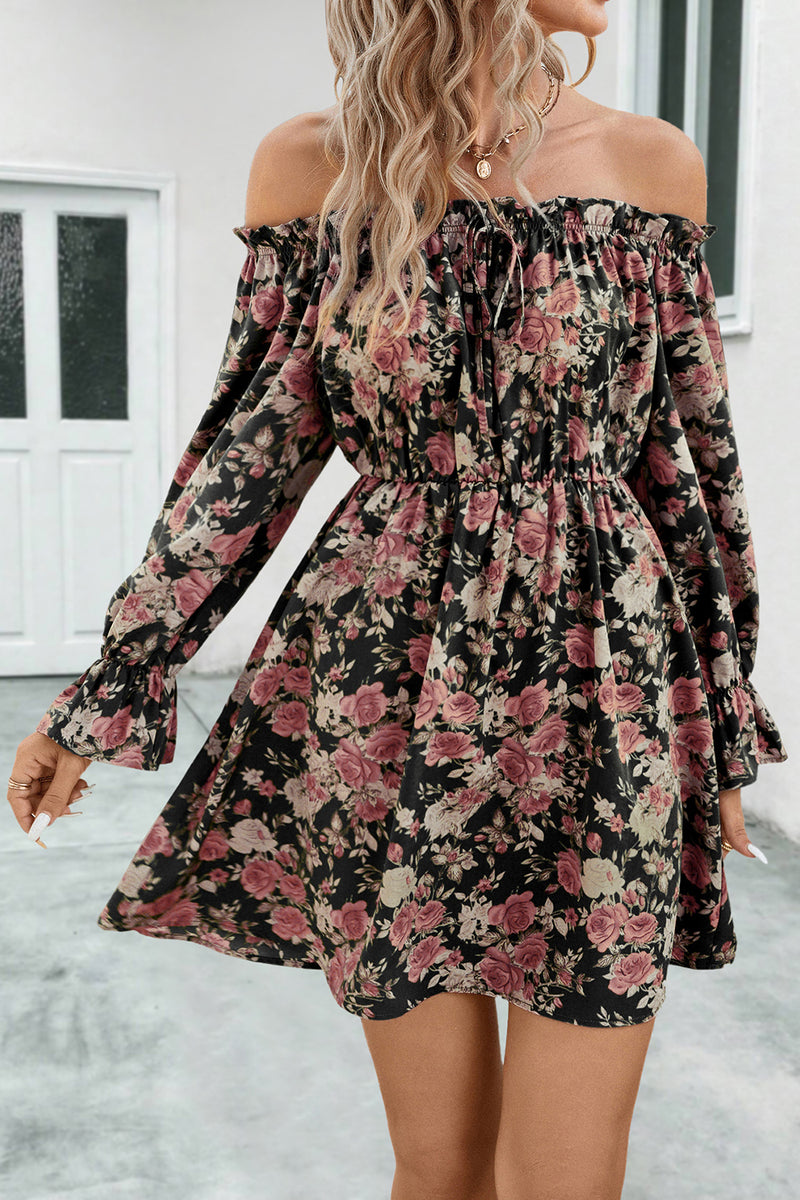 Floral Off-Shoulder Flounce Sleeve Dress Black