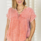 Zenana Washed Raw Hem Short Sleeve Blouse with Pockets