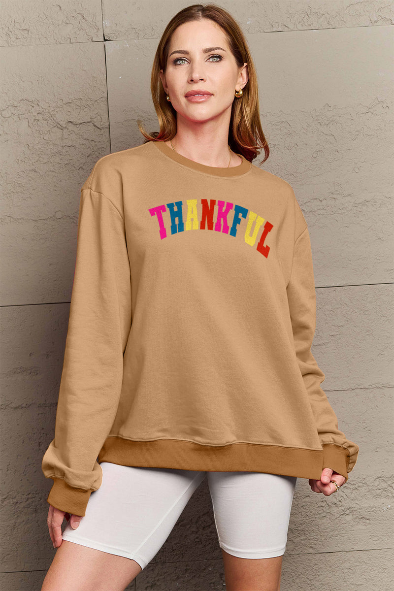 Simply Love Full Size THANKFUL Graphic Sweatshirt Tan