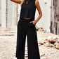 Buttoned Round Neck Tank and Wide Leg Pants Set