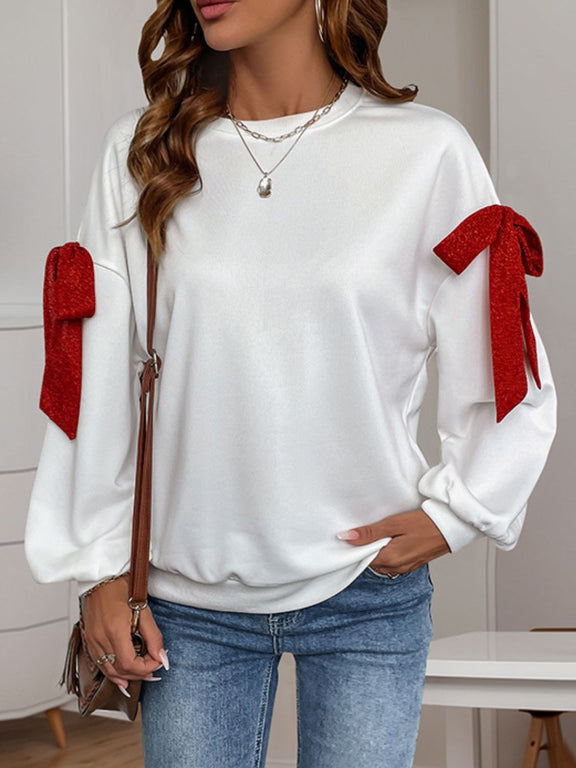 Perfee Bow Round Neck Long Sleeve Sweatshirt White